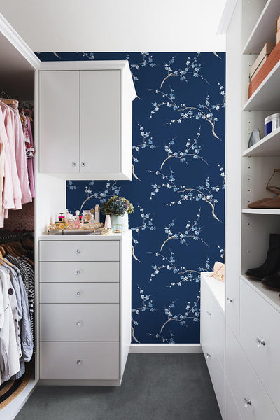 product image for Cherry Blossom Floral Peel-and-Stick Wallpaper in Navy and Blue Jay by NextWall 71