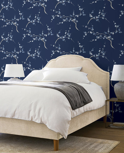 product image for Cherry Blossom Floral Peel-and-Stick Wallpaper in Navy and Blue Jay by NextWall 72