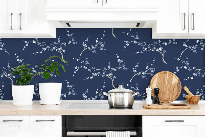 media image for Cherry Blossom Floral Peel-and-Stick Wallpaper in Navy and Blue Jay by NextWall 221