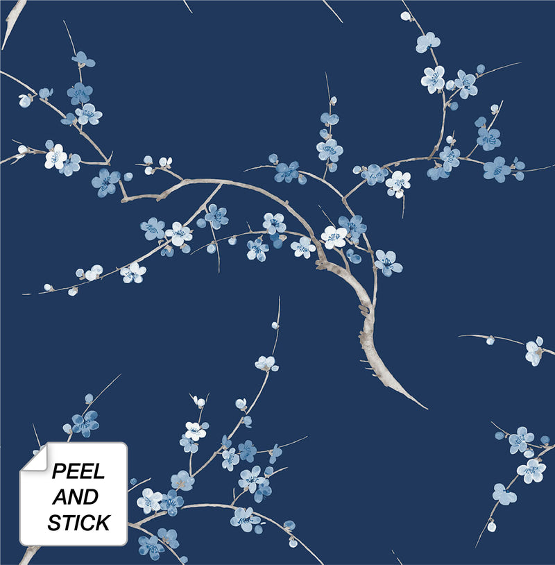 media image for Cherry Blossom Floral Peel-and-Stick Wallpaper in Navy and Blue Jay by NextWall 230