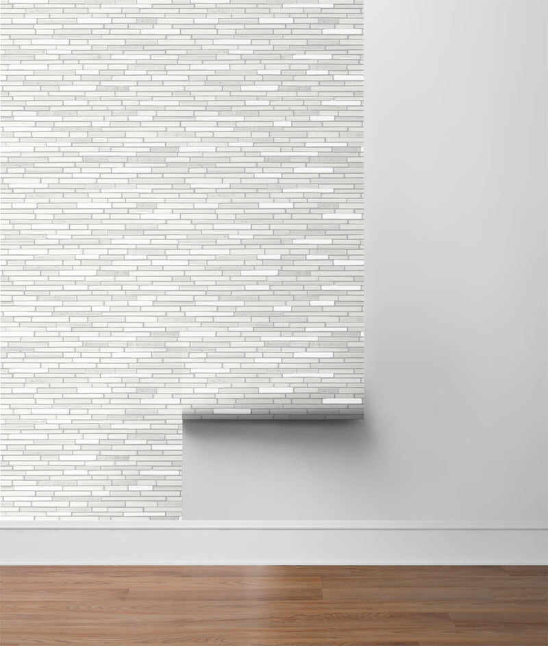 media image for Faux Mosaic Strip Tile Peel-and-Stick Wallpaper in Pearl and Grey by NextWall 216