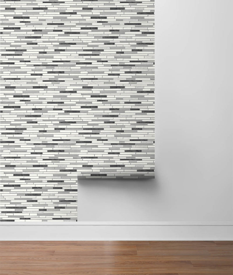 media image for Faux Mosaic Strip Tile Peel-and-Stick Wallpaper in Wrought Iron and Grey by NextWall 263