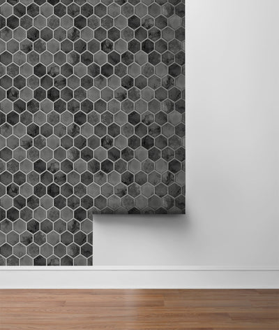 product image for Inlay Hexagon Peel-and-Stick Wallpaper in Cosmic Black and Silver by NextWall 48