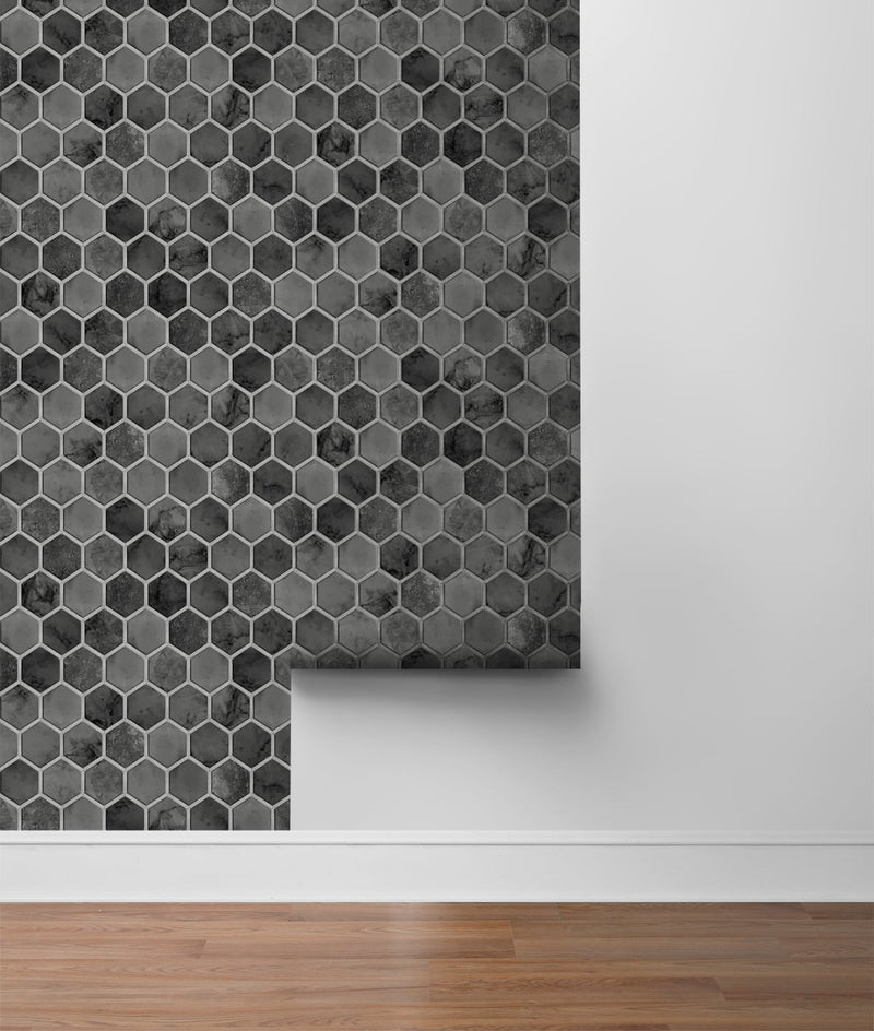media image for Inlay Hexagon Peel-and-Stick Wallpaper in Cosmic Black and Silver by NextWall 277