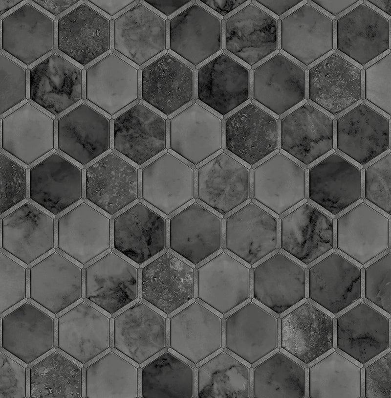 media image for sample inlay hexagon peel and stick wallpaper in cosmic black and silver by nextwall 1 286