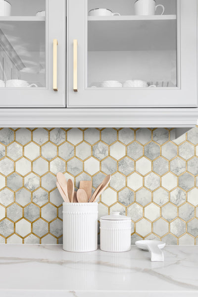 product image for Inlay Hexagon Peel-and-Stick Wallpaper in Alaska Grey and Gold by NextWall 23
