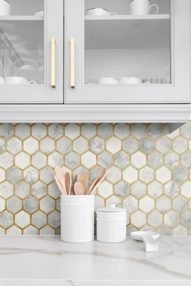media image for Inlay Hexagon Peel-and-Stick Wallpaper in Alaska Grey and Gold by NextWall 242