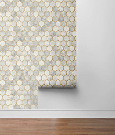 product image for Inlay Hexagon Peel-and-Stick Wallpaper in Alaska Grey and Gold by NextWall 51
