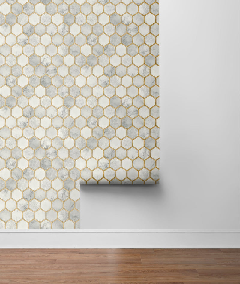 media image for Inlay Hexagon Peel-and-Stick Wallpaper in Alaska Grey and Gold by NextWall 291