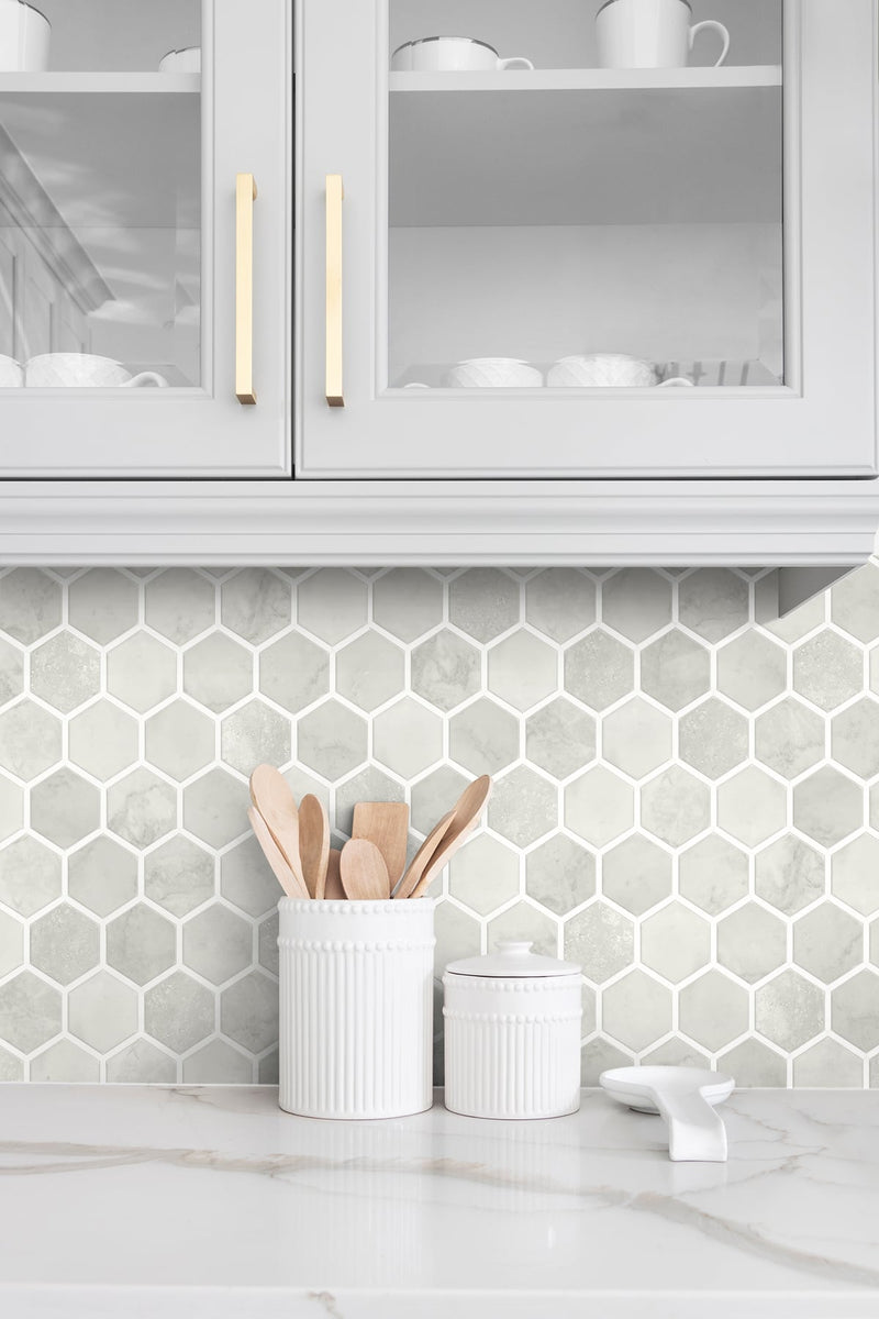 media image for Inlay Hexagon Peel-and-Stick Wallpaper in Cream Neutral by NextWall 251