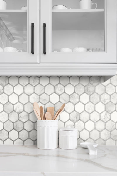product image for Inlay Hexagon Peel-and-Stick Wallpaper in Carrara and Silver by NextWall 25