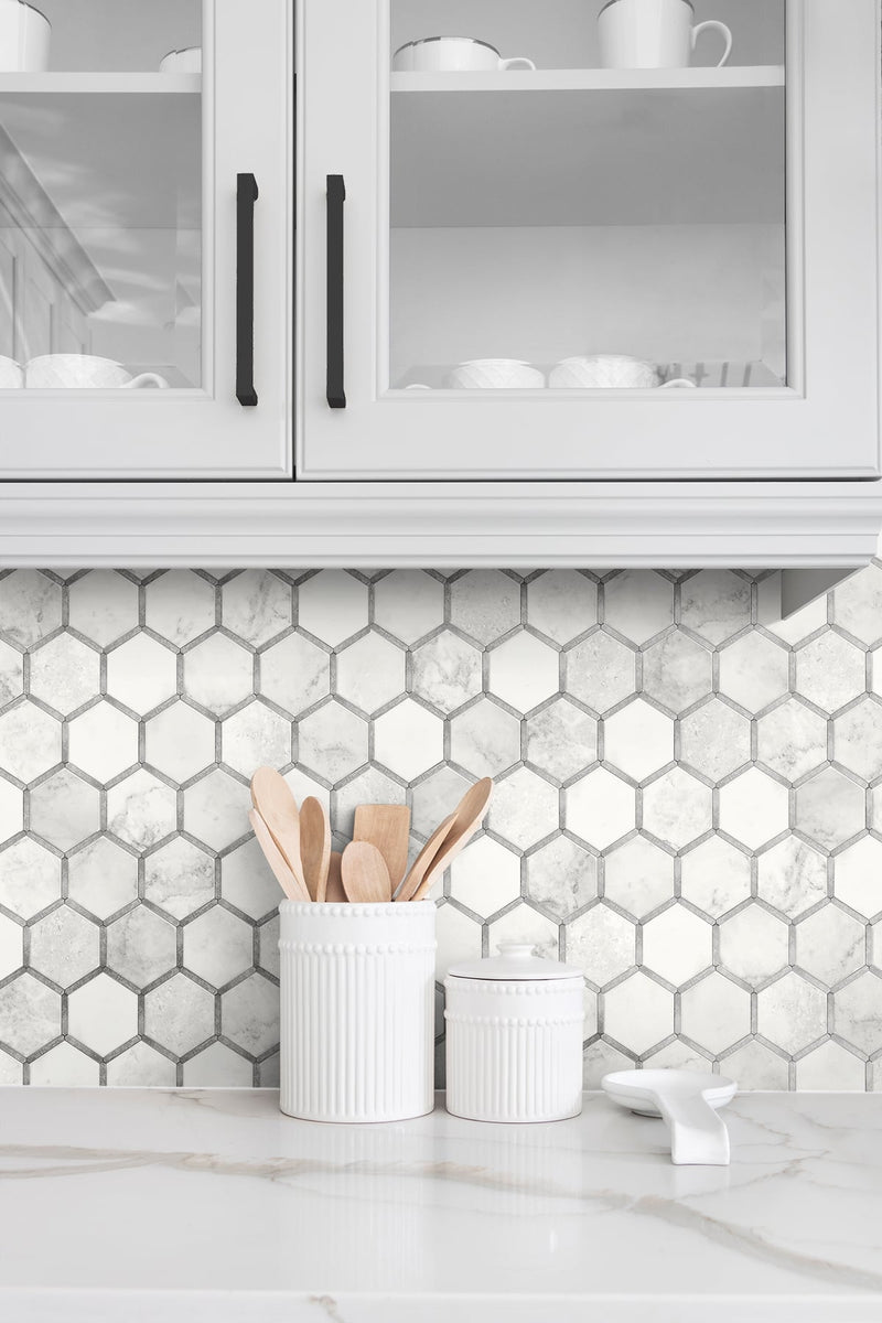 media image for Inlay Hexagon Peel-and-Stick Wallpaper in Carrara and Silver by NextWall 294