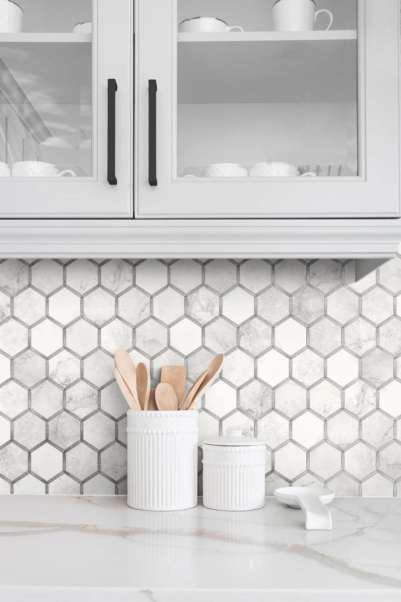 media image for Inlay Hexagon Peel-and-Stick Wallpaper in Carrara and Silver by NextWall 279