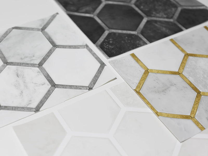 media image for Inlay Hexagon Peel-and-Stick Wallpaper in Carrara and Silver by NextWall 222