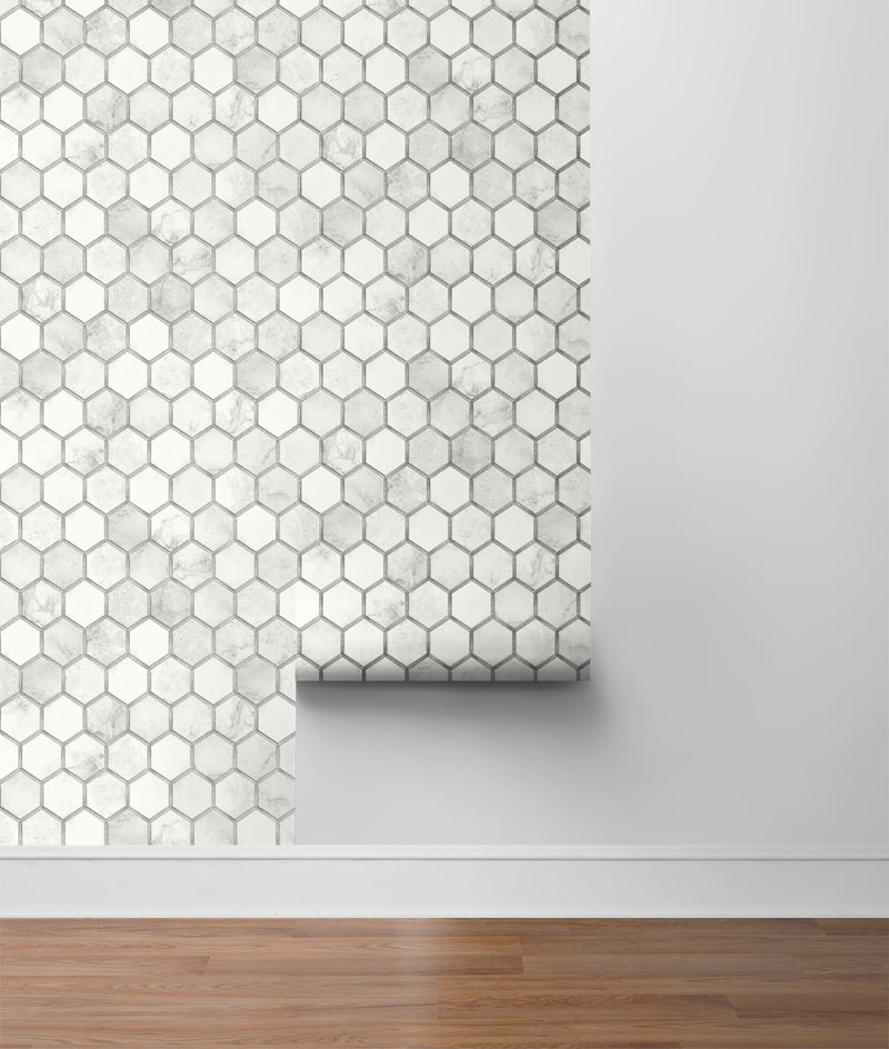 media image for Inlay Hexagon Peel-and-Stick Wallpaper in Carrara and Silver by NextWall 273