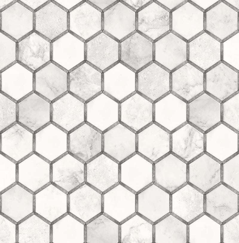 media image for Inlay Hexagon Peel-and-Stick Wallpaper in Carrara and Silver by NextWall 281