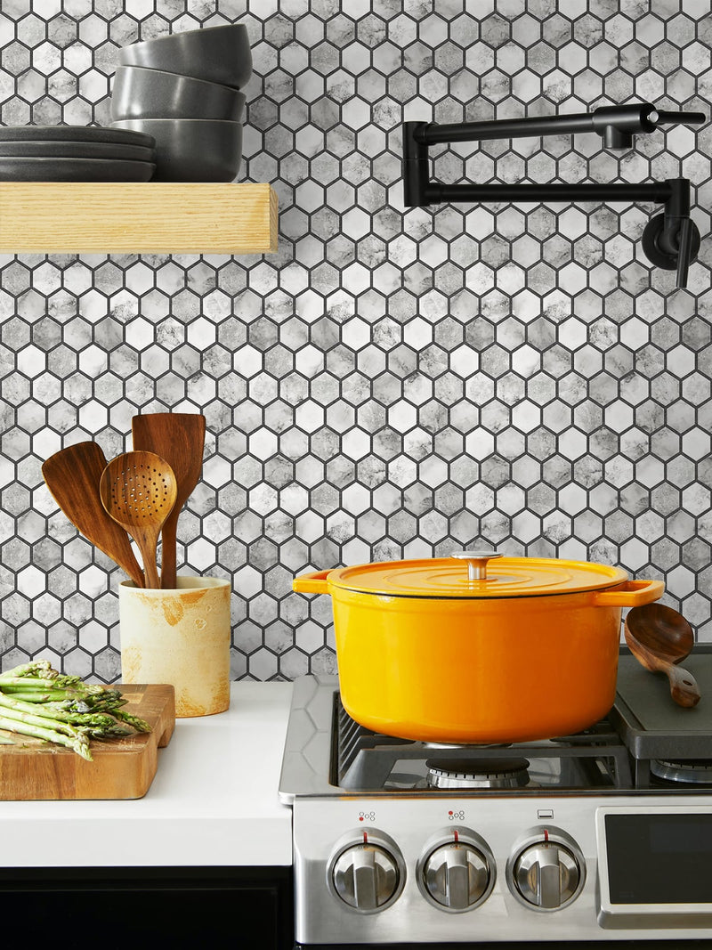 media image for Marble Hexagon Peel-and-Stick Wallpaper in Carrara and Wrought Iron by NextWall 238