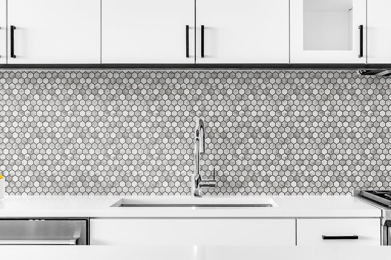 media image for Marble Hexagon Peel-and-Stick Wallpaper in Carrara and Wrought Iron by NextWall 294