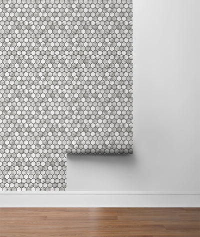 product image for Marble Hexagon Peel-and-Stick Wallpaper in Carrara and Wrought Iron by NextWall 53