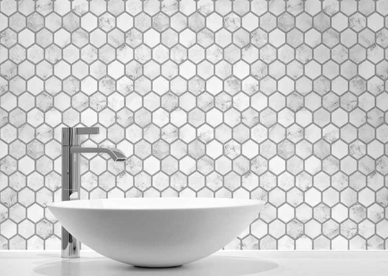 media image for Marble Hexagon Peel-and-Stick Wallpaper in Carrara and Argos Grey by NextWall 26