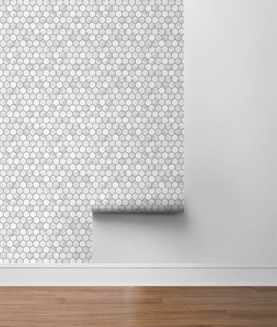 product image for Marble Hexagon Peel-and-Stick Wallpaper in Carrara and Argos Grey by NextWall 95