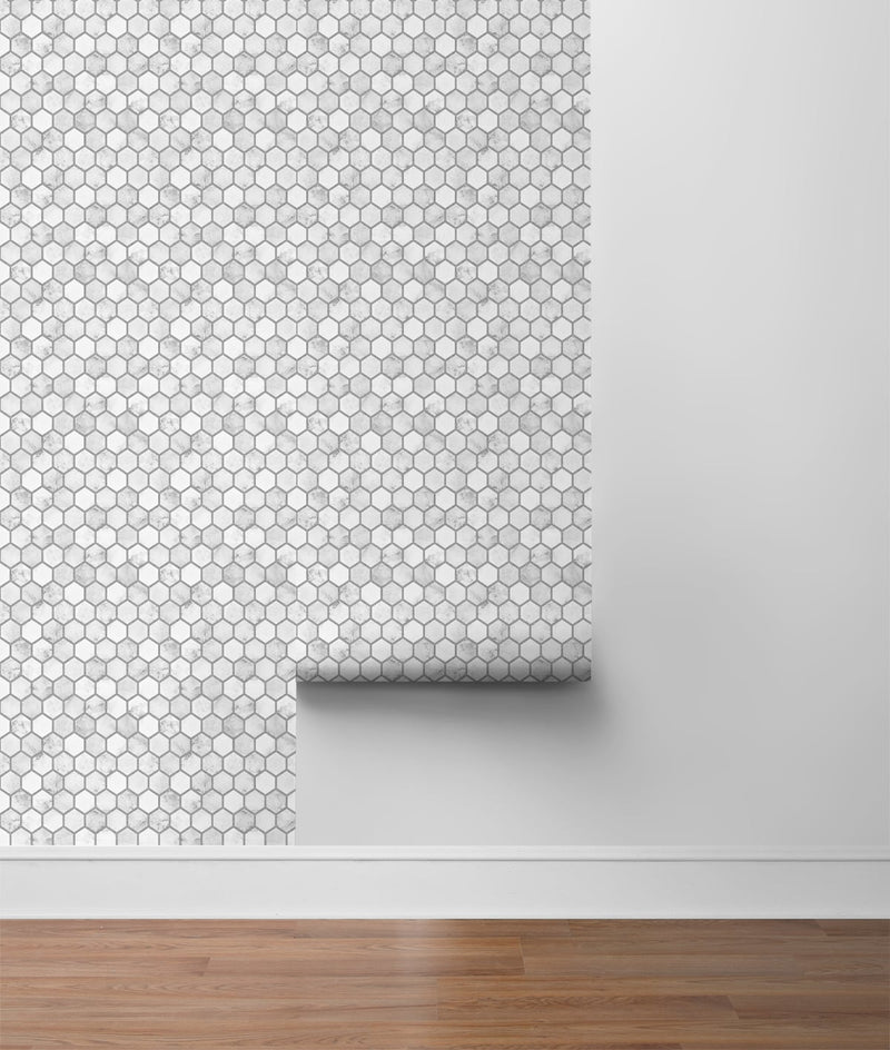 media image for Marble Hexagon Peel-and-Stick Wallpaper in Carrara and Argos Grey by NextWall 216