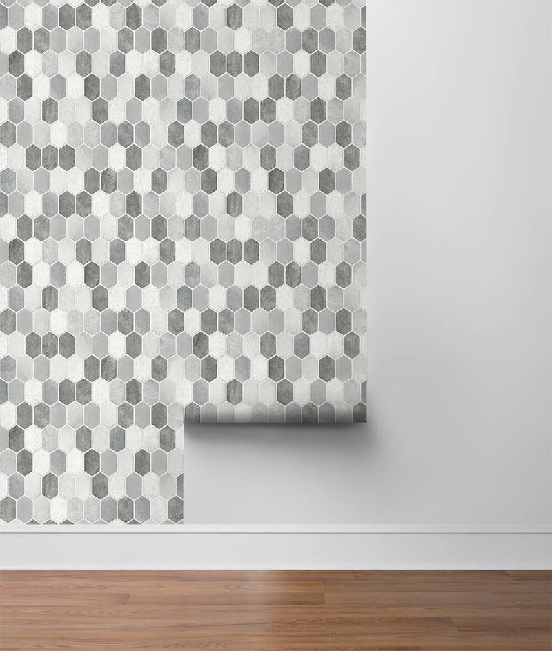 media image for Brushed Hex Tile Peel-and-Stick Wallpaper in Icy Grey and Nickel by NextWall 296