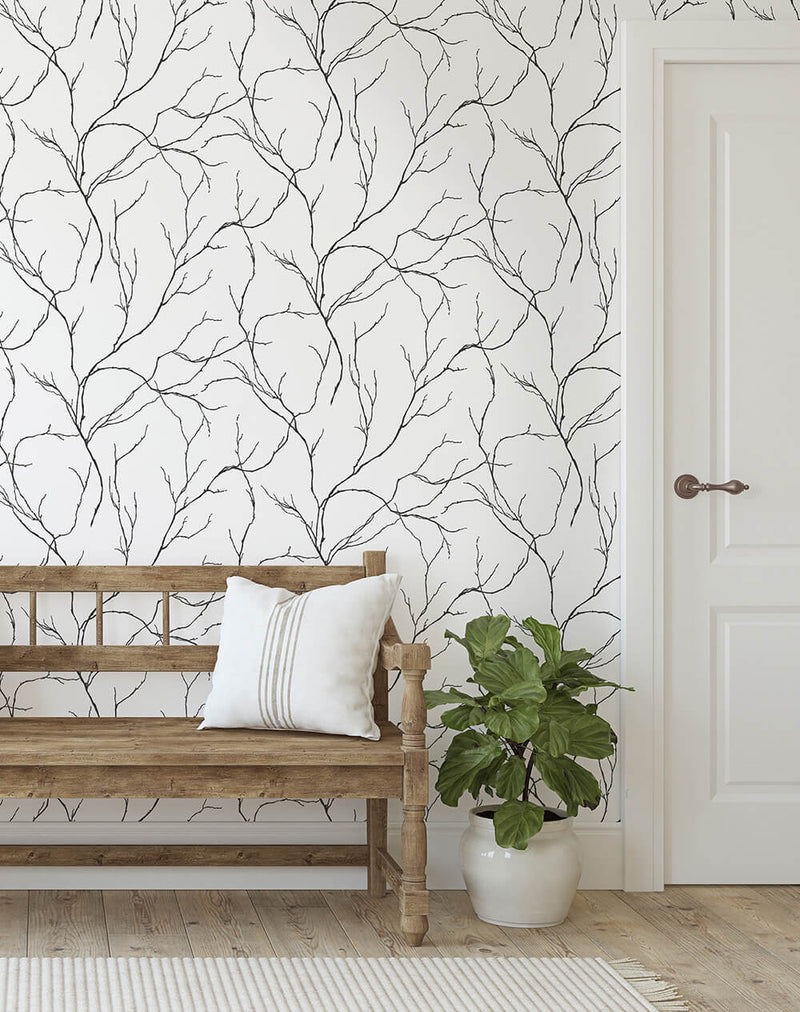 media image for Delicate Branches Peel-and-Stick Wallpaper in Ebony by NextWall 247