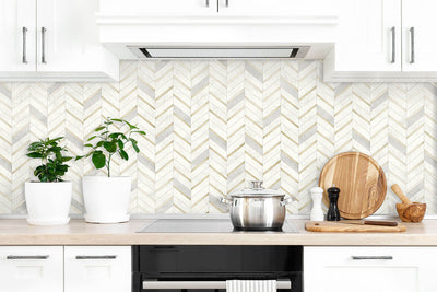 product image for Chevron Marble Tile Peel-and-Stick Wallpaper in Gold and Pearl Grey by NextWall 4
