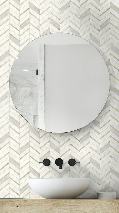 product image for Chevron Marble Tile Peel-and-Stick Wallpaper in Gold and Pearl Grey by NextWall 35