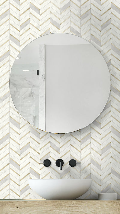 product image for Chevron Marble Tile Peel-and-Stick Wallpaper in Gold and Pearl Grey by NextWall 20