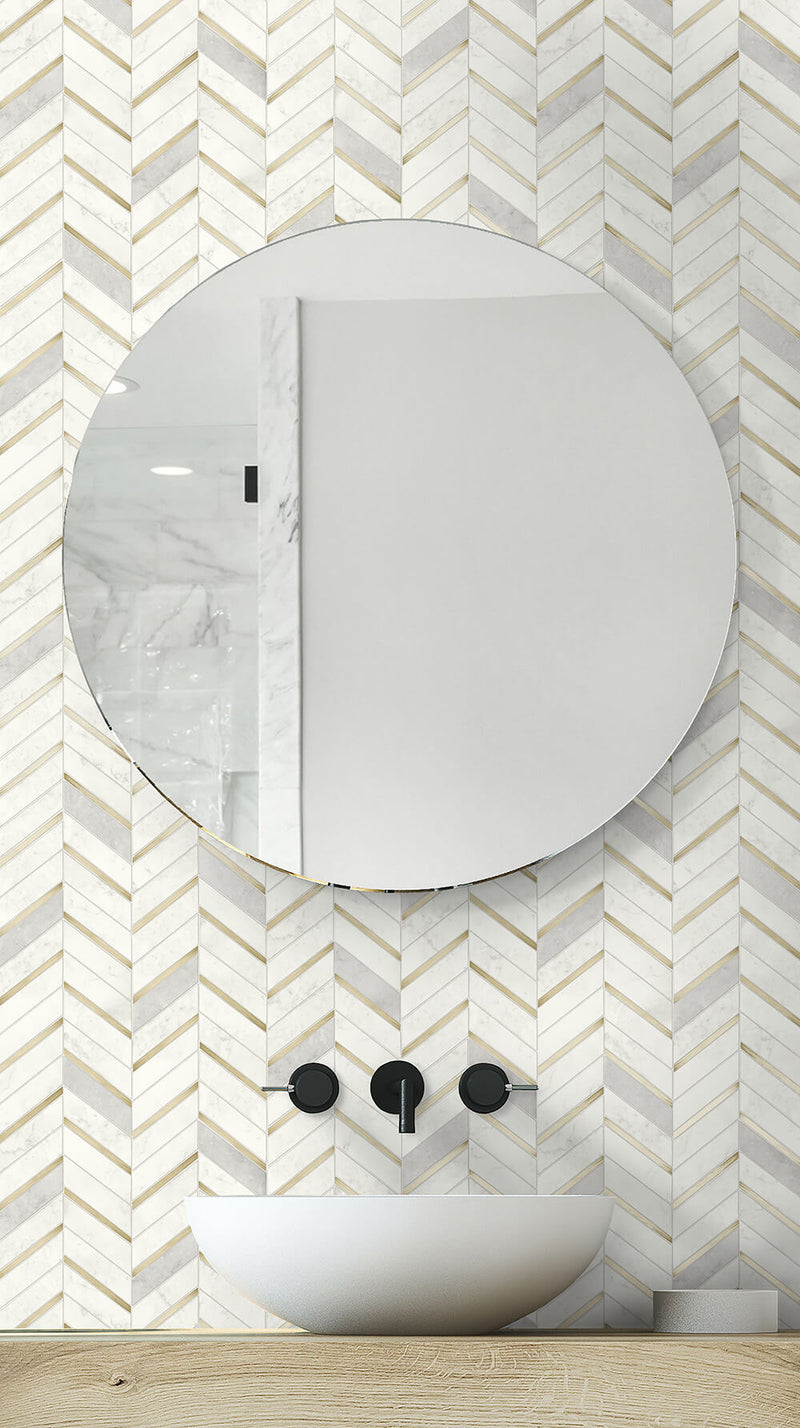 media image for Chevron Marble Tile Peel-and-Stick Wallpaper in Gold and Pearl Grey by NextWall 266