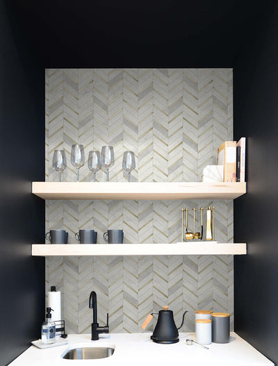 product image for Chevron Marble Tile Peel-and-Stick Wallpaper in Gold and Pearl Grey by NextWall 31