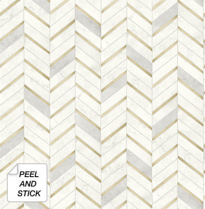 product image for Chevron Marble Tile Peel-and-Stick Wallpaper in Gold and Pearl Grey by NextWall 13