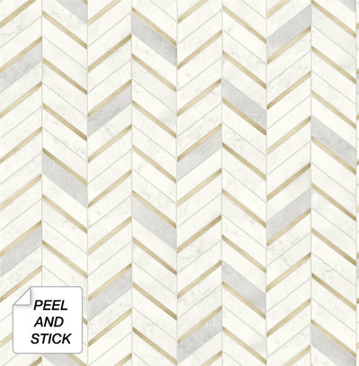 product image for Chevron Marble Tile Peel-and-Stick Wallpaper in Gold and Pearl Grey by NextWall 71