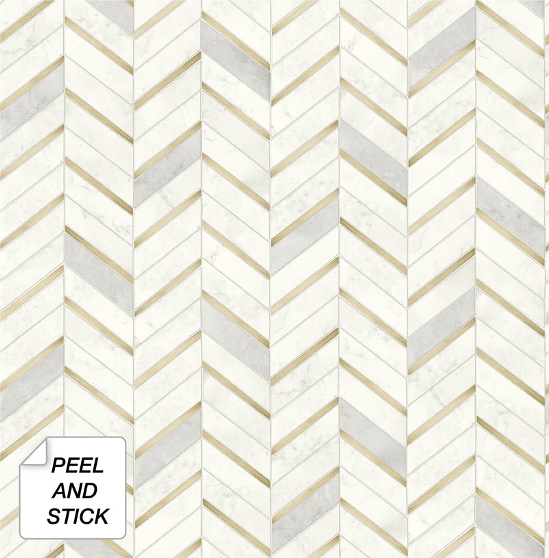 media image for Chevron Marble Tile Peel-and-Stick Wallpaper in Gold and Pearl Grey by NextWall 275