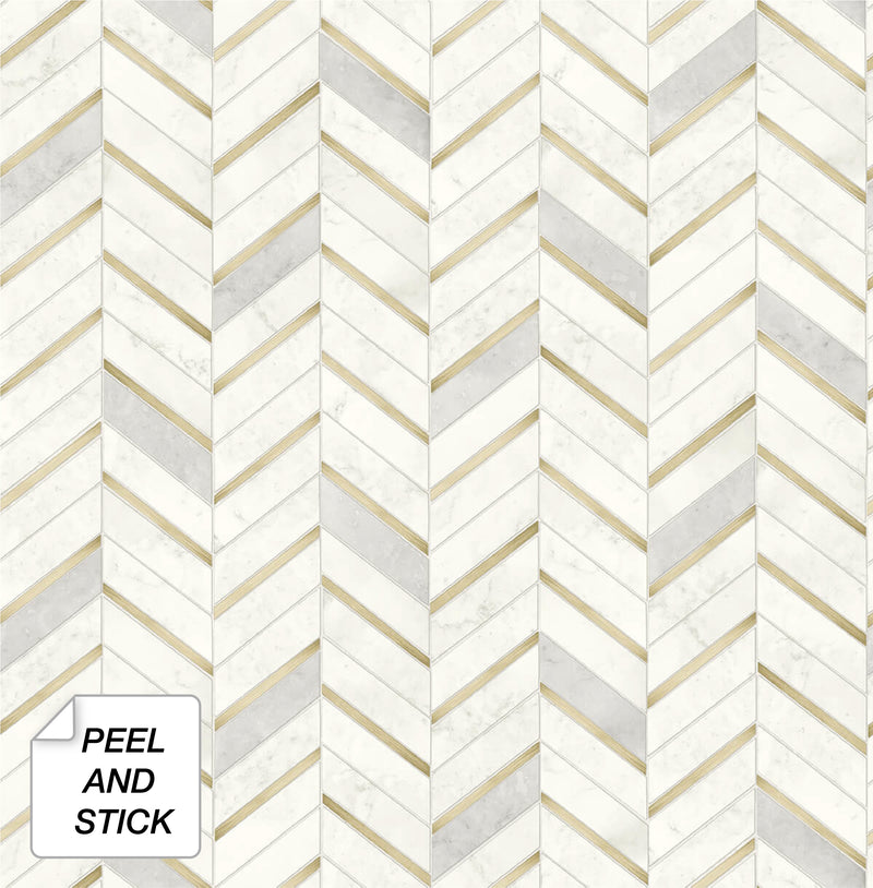 media image for Chevron Marble Tile Peel-and-Stick Wallpaper in Gold and Pearl Grey by NextWall 257