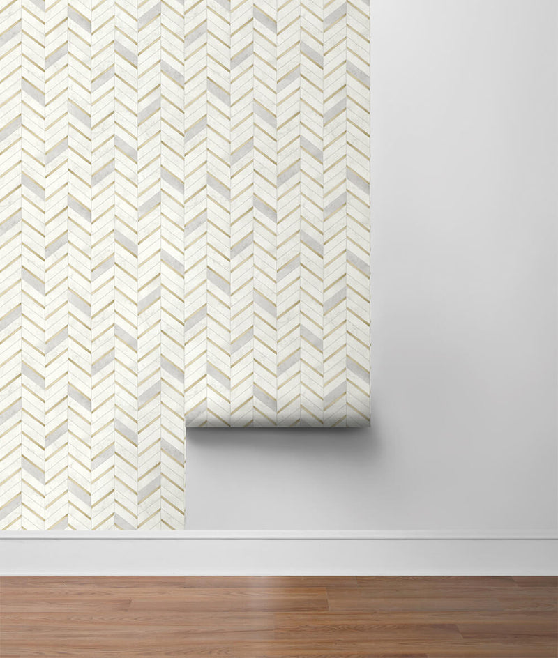 media image for Chevron Marble Tile Peel-and-Stick Wallpaper in Gold and Pearl Grey by NextWall 266
