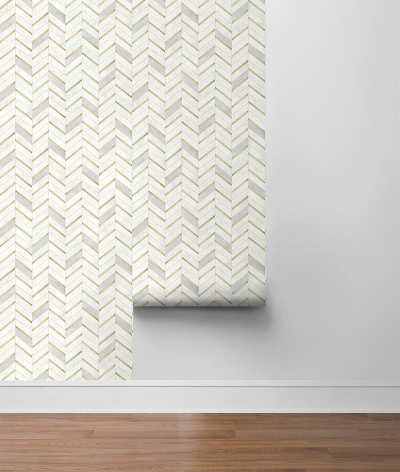 media image for Chevron Marble Tile Peel-and-Stick Wallpaper in Gold and Pearl Grey by NextWall 224
