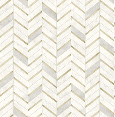 product image for Chevron Marble Tile Peel-and-Stick Wallpaper in Gold and Pearl Grey by NextWall 61