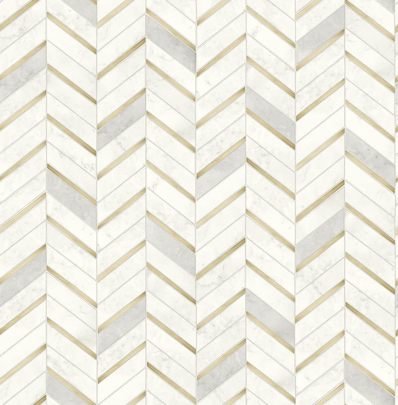 media image for Chevron Marble Tile Peel-and-Stick Wallpaper in Gold and Pearl Grey by NextWall 278