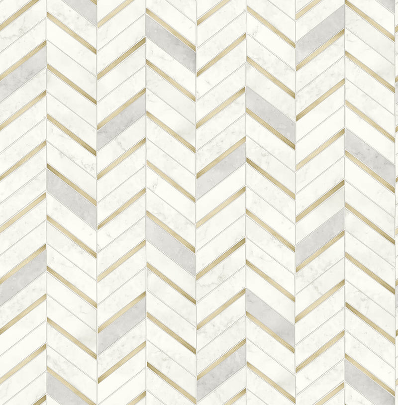 media image for Chevron Marble Tile Peel-and-Stick Wallpaper in Gold and Pearl Grey by NextWall 275
