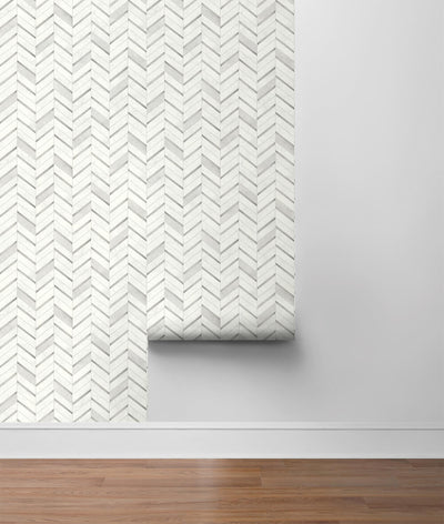 product image for Chevron Marble Tile Peel-and-Stick Wallpaper in Silver and Pearl Grey by NextWall 39