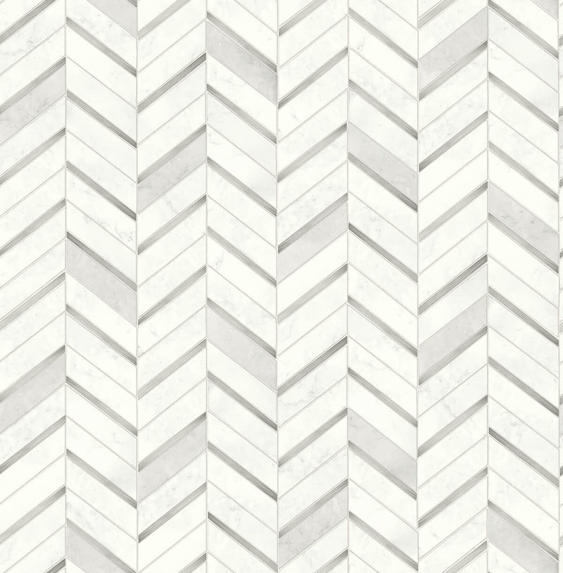 media image for Chevron Marble Tile Peel-and-Stick Wallpaper in Silver and Pearl Grey by NextWall 289