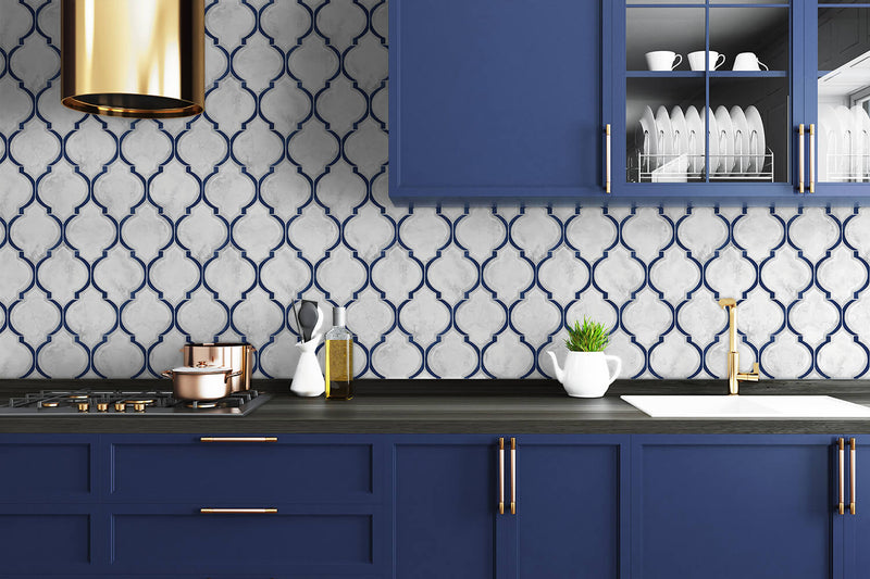 media image for Marbled Ogee Peel-and-Stick Wallpaper in Royal Blue and Carrara by NextWall 298