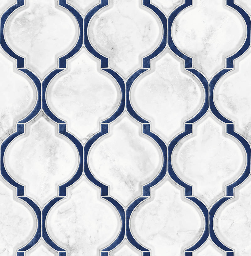 media image for Marbled Ogee Peel-and-Stick Wallpaper in Royal Blue and Carrara by NextWall 246