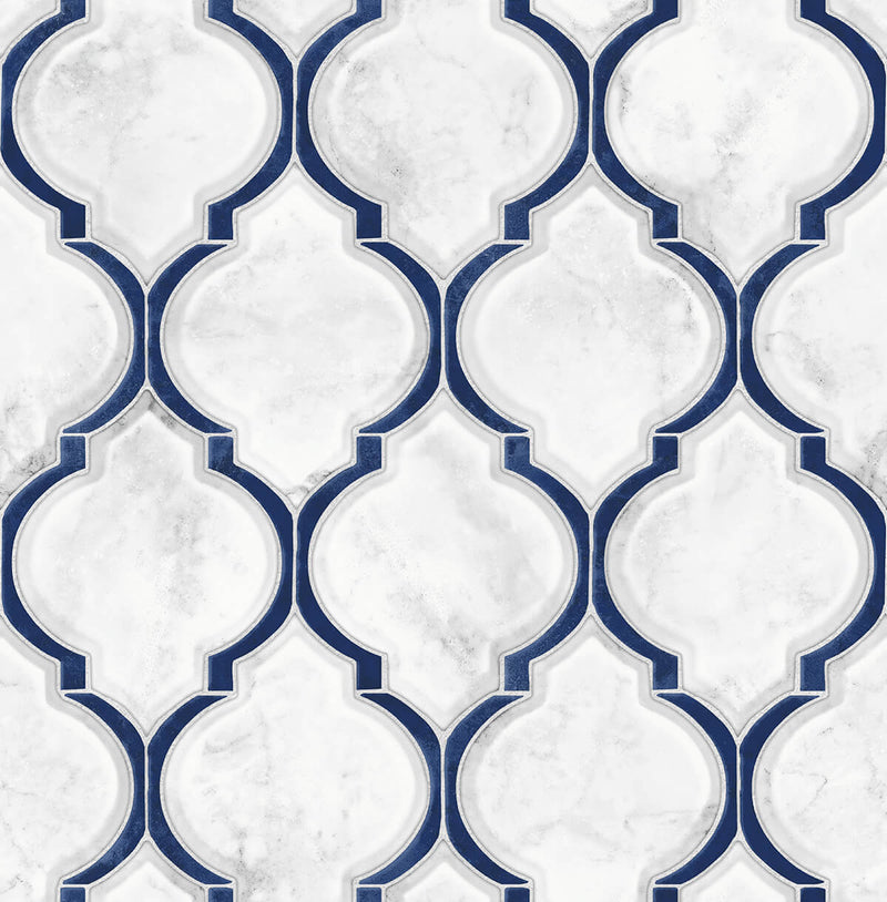 media image for sample marbled ogee peel and stick wallpaper in royal blue and carrara by nextwall 1 22