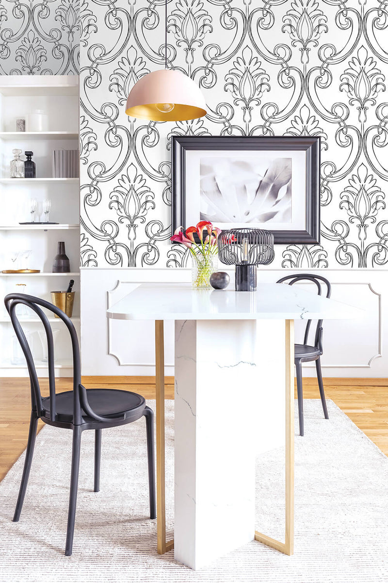 media image for Sketched Damask Peel-and-Stick Wallpaper in Ebony by NextWall 29