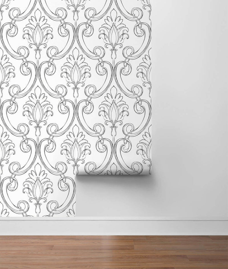 media image for Sketched Damask Peel-and-Stick Wallpaper in Ebony by NextWall 24