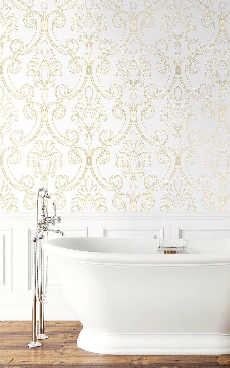 media image for Sketched Damask Peel-and-Stick Wallpaper in Gold by NextWall 261